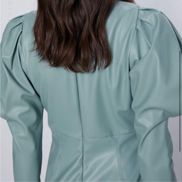 ZARA mint green leather puff sleeve dress - Picture 3 of 12